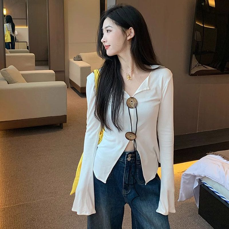 V-Neck Long Sleeve Women's Top Slim Fit Split Hem Two-Piece Set - Image 3