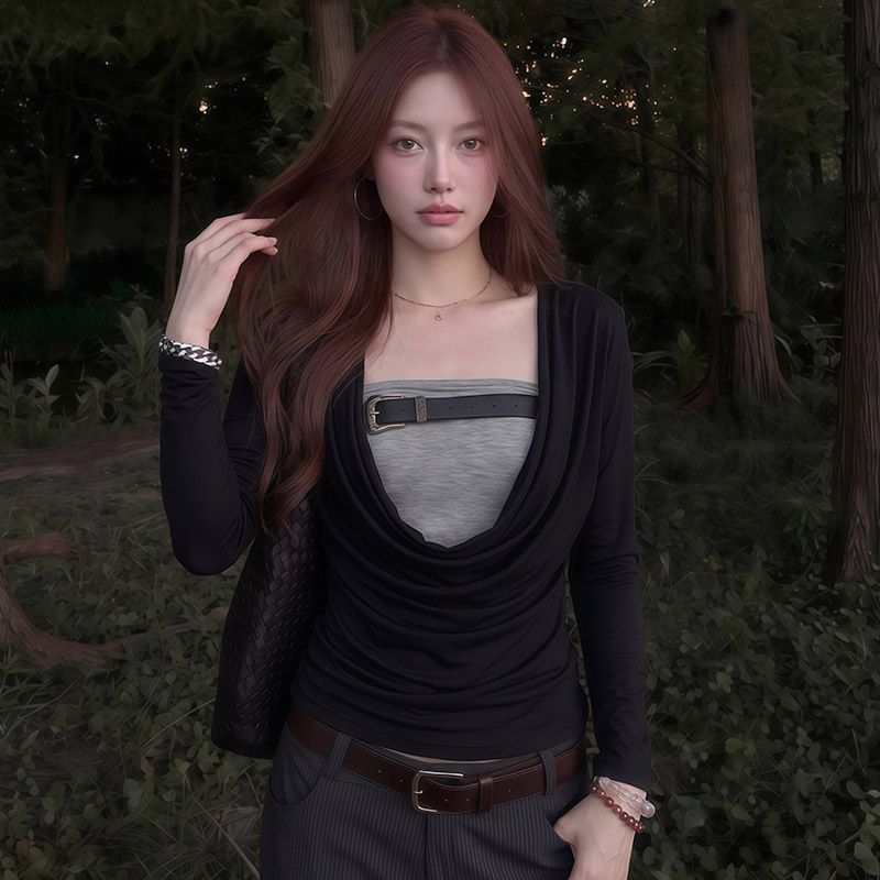 Women's Two-Piece Slim Fit Long Sleeve Top Set Korean Style - Style 41fb0f