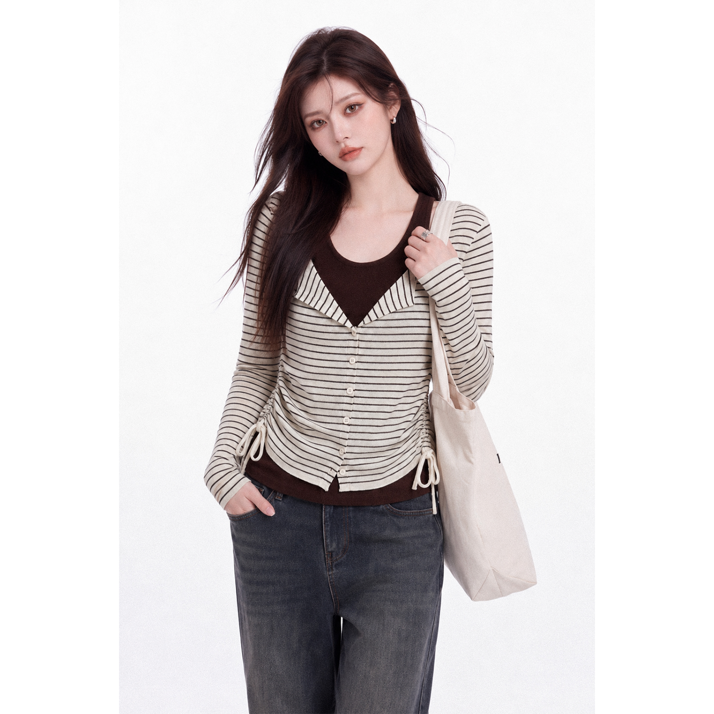 Women's Color Block Striped Faux Two Piece Long Sleeve T-Shirt Fall New Side Drawstring Slim Fit Top - Image 2