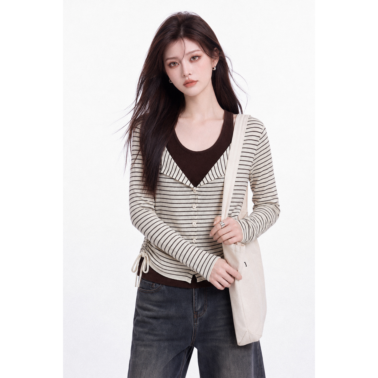Women's Color Block Striped Faux Two Piece Long Sleeve T-Shirt Fall New Side Drawstring Slim Fit Top - Image 3