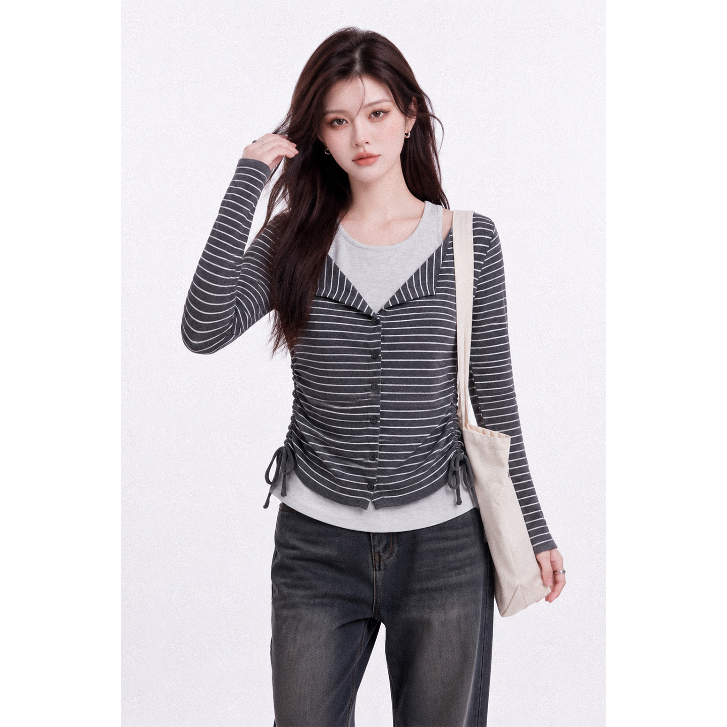 Women's Color Block Striped Faux Two Piece Long Sleeve T-Shirt Fall New Side Drawstring Slim Fit Top - Image 4