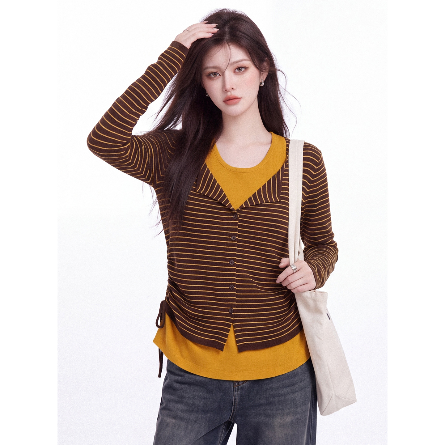 Women's Color Block Striped Faux Two Piece Long Sleeve T-Shirt Fall New Side Drawstring Slim Fit Top - Image 5