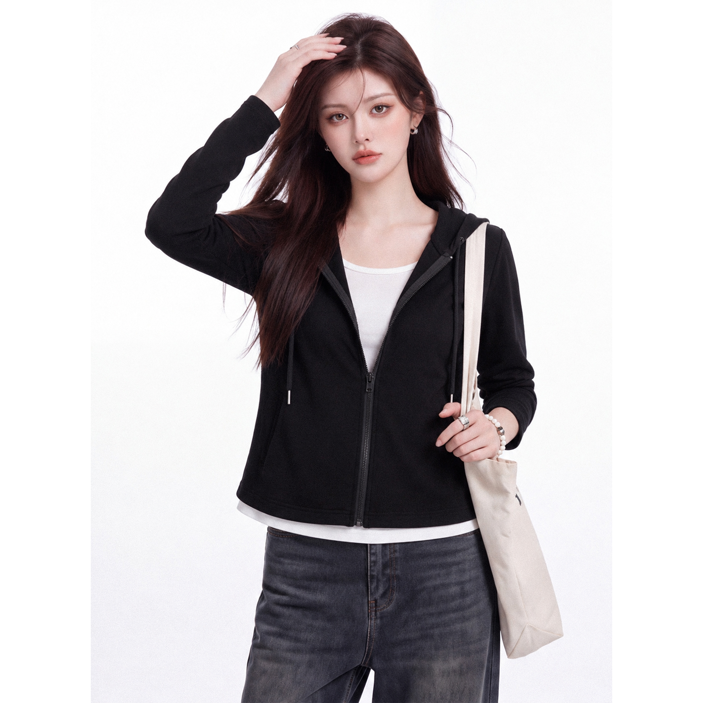 Color Block Faux Two Piece Hooded T-Shirt Women Autumn Double Zipper Long Sleeve Slim Fit Base Layer Top