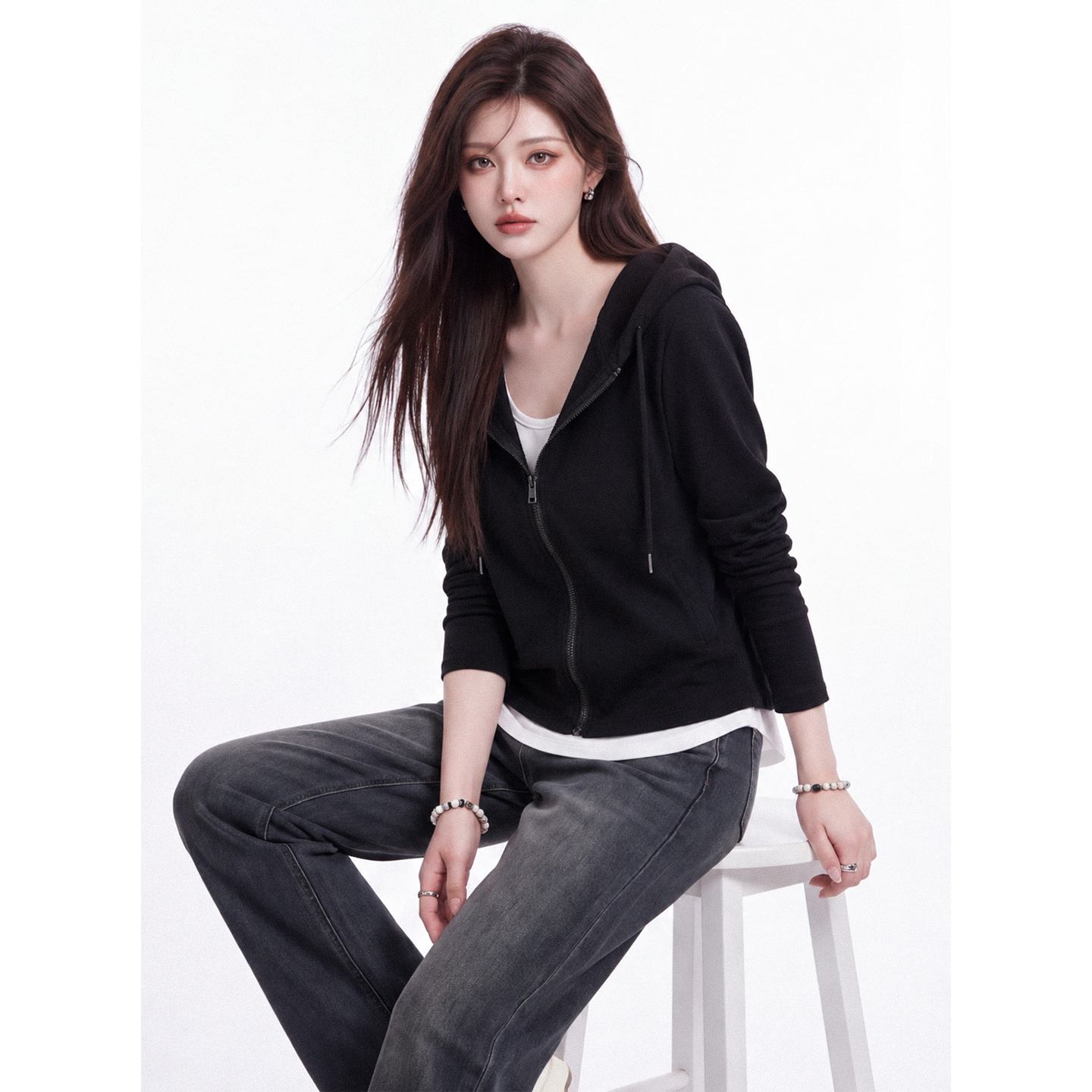 Color Block Faux Two Piece Hooded T-Shirt Women Autumn Double Zipper Long Sleeve Slim Fit Base Layer Top - Image 2