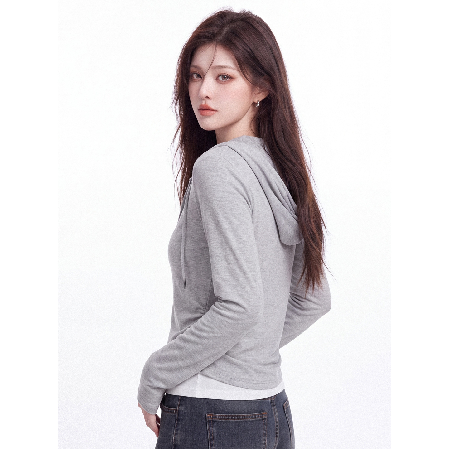 Color Block Faux Two Piece Hooded T-Shirt Women Autumn Double Zipper Long Sleeve Slim Fit Base Layer Top - Image 3