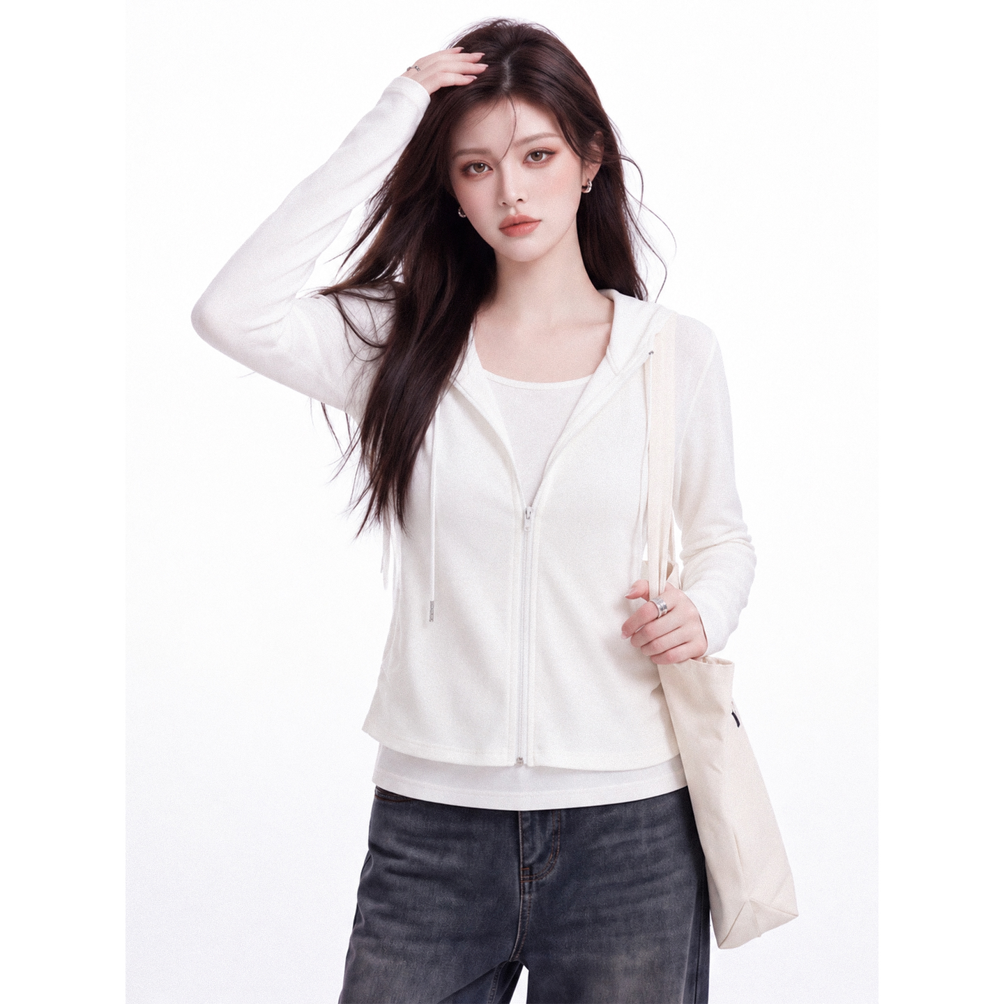 Color Block Faux Two Piece Hooded T-Shirt Women Autumn Double Zipper Long Sleeve Slim Fit Base Layer Top - Image 4