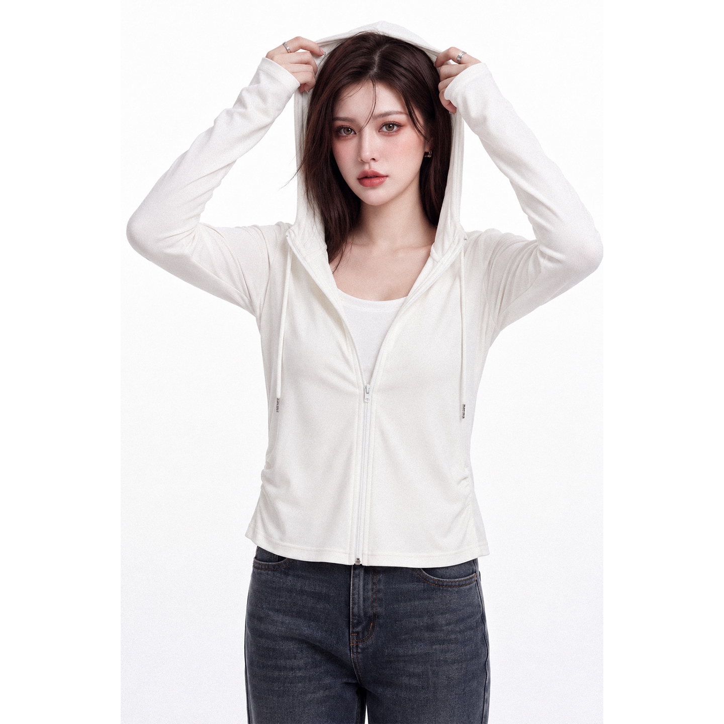Color Block Faux Two Piece Hooded T-Shirt Women Autumn Double Zipper Long Sleeve Slim Fit Base Layer Top - Image 5