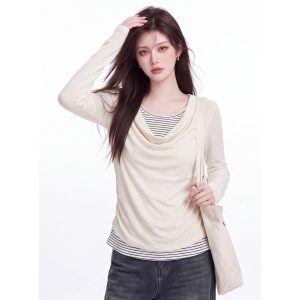 Sweet Cool Draped Neck Fake Two-Piece Long Sleeve T-Shirt Women Autumn Striped Spliced Ruched Slim Fit Short Top