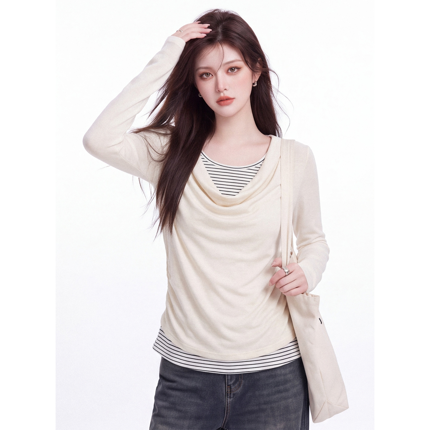 Sweet Cool Draped Neck Fake Two-Piece Long Sleeve T-Shirt Women Autumn Striped Spliced Ruched Slim Fit Short Top