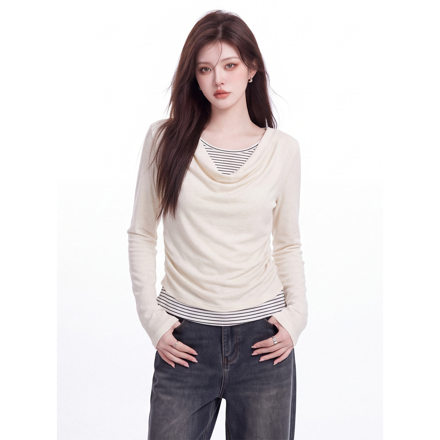 Sweet Cool Draped Neck Fake Two-Piece Long Sleeve T-Shirt Women Autumn Striped Spliced Ruched Slim Fit Short Top - Image 2