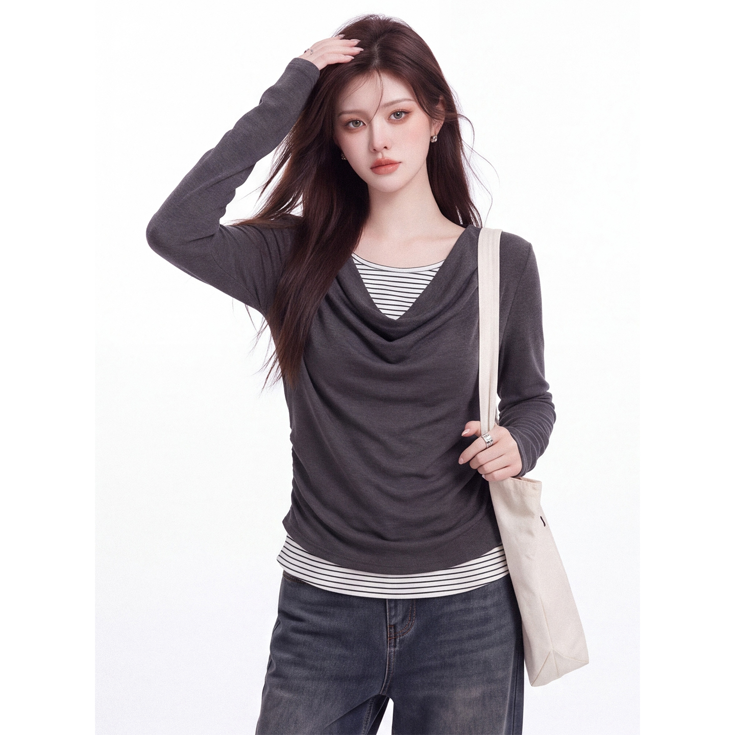Sweet Cool Draped Neck Fake Two-Piece Long Sleeve T-Shirt Women Autumn Striped Spliced Ruched Slim Fit Short Top - Image 3