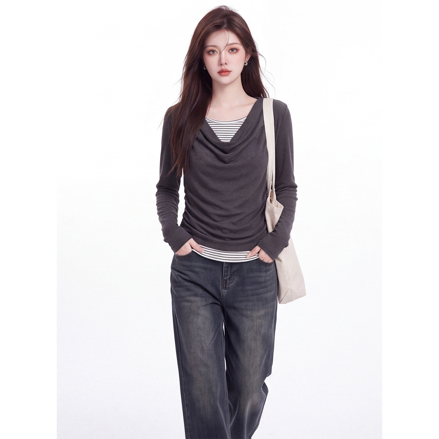 Sweet Cool Draped Neck Fake Two-Piece Long Sleeve T-Shirt Women Autumn Striped Spliced Ruched Slim Fit Short Top - Image 4