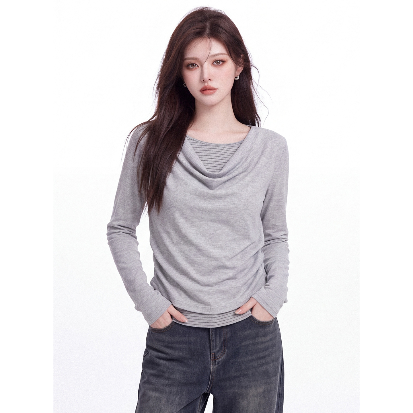Sweet Cool Draped Neck Fake Two-Piece Long Sleeve T-Shirt Women Autumn Striped Spliced Ruched Slim Fit Short Top - Image 5