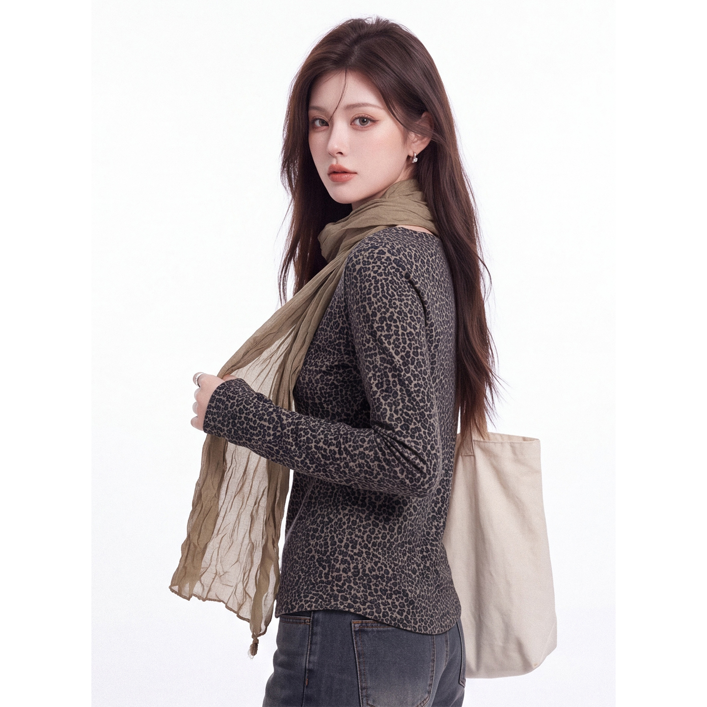 Leopard Print Off-Shoulder Long-Sleeve Women's T-Shirt Fall Slimming Base Layer Top with Scarf - Image 2