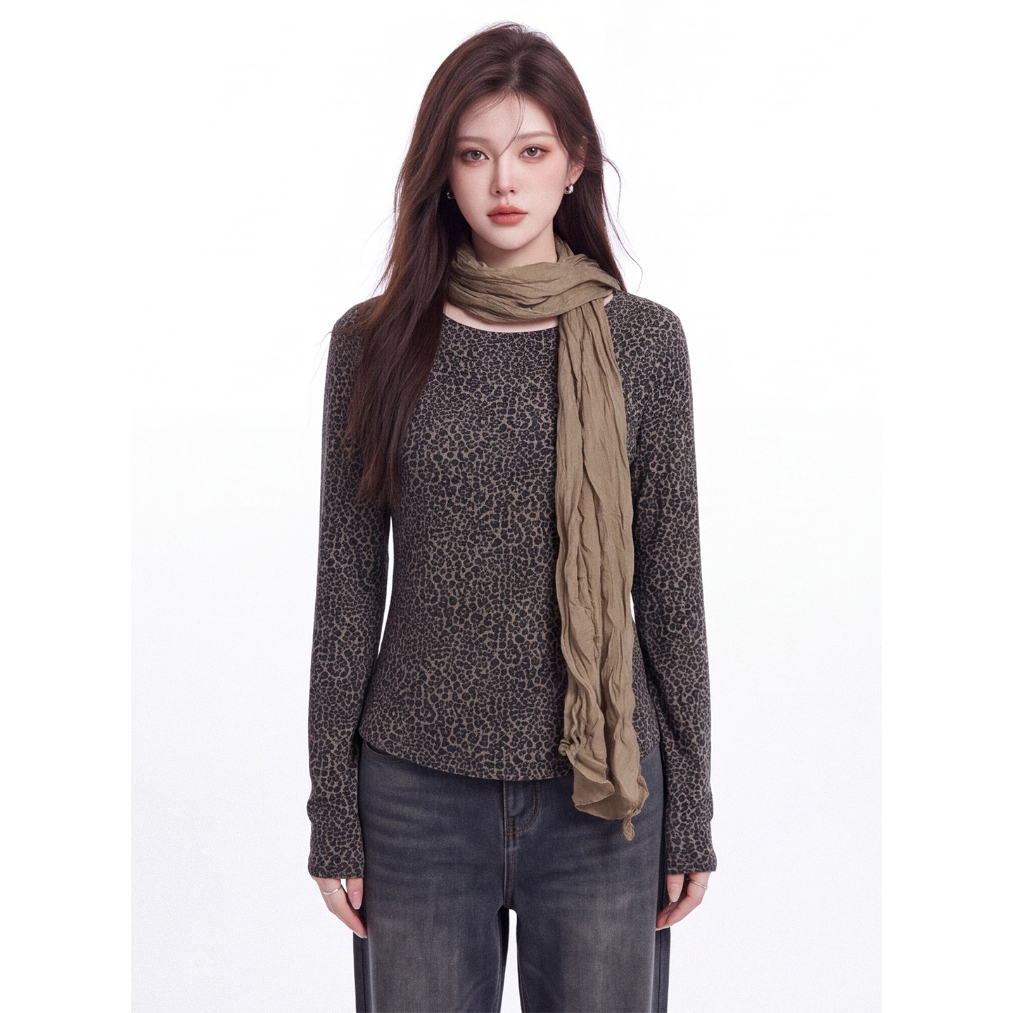 Leopard Print Off-Shoulder Long-Sleeve Women's T-Shirt Fall Slimming Base Layer Top with Scarf - Image 3