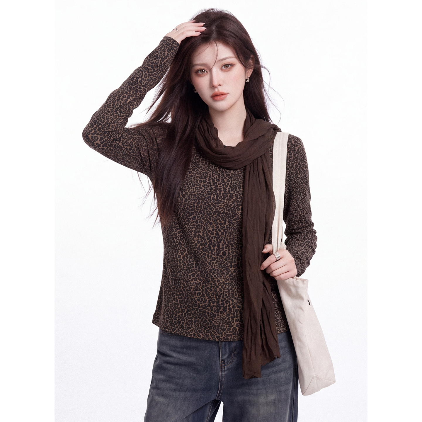 Leopard Print Off-Shoulder Long-Sleeve Women's T-Shirt Fall Slimming Base Layer Top with Scarf - Image 4