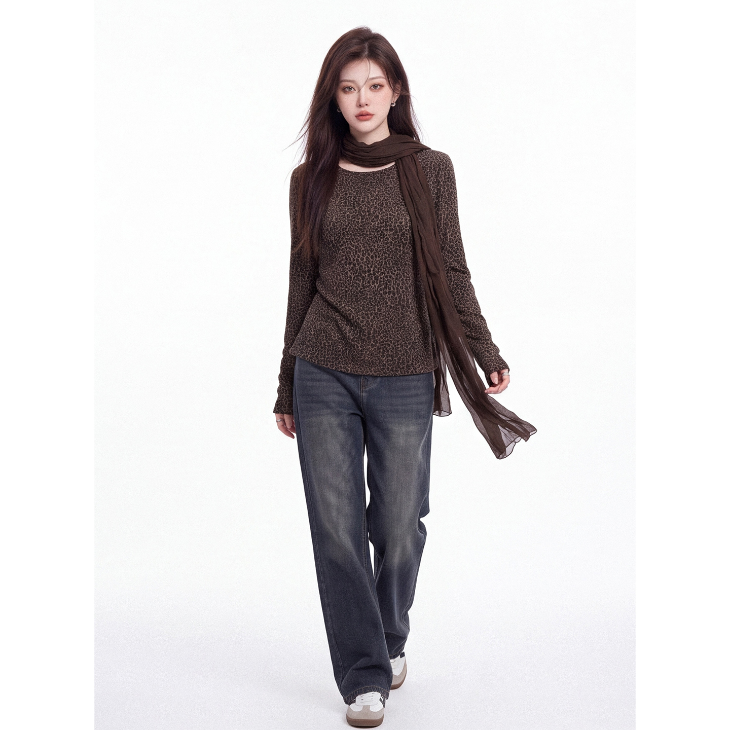 Leopard Print Off-Shoulder Long-Sleeve Women's T-Shirt Fall Slimming Base Layer Top with Scarf - Image 5