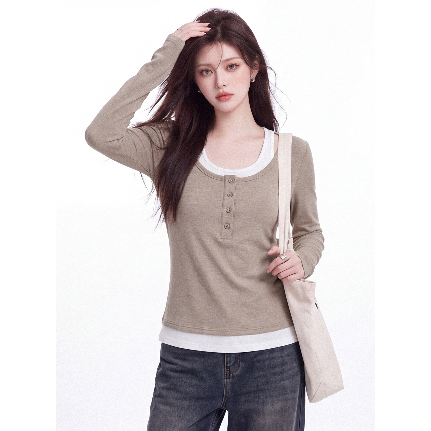 Women's Faux Two-Piece Long Sleeve T-Shirt 2026 Early Autumn Korean Slim Fit Buttoned Top