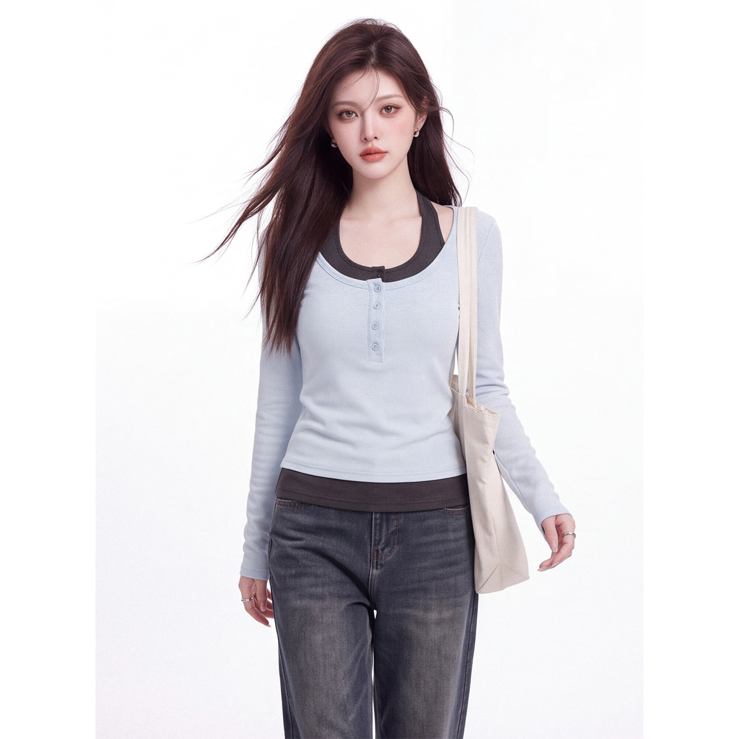 Women's Faux Two-Piece Long Sleeve T-Shirt 2026 Early Autumn Korean Slim Fit Buttoned Top - Image 3