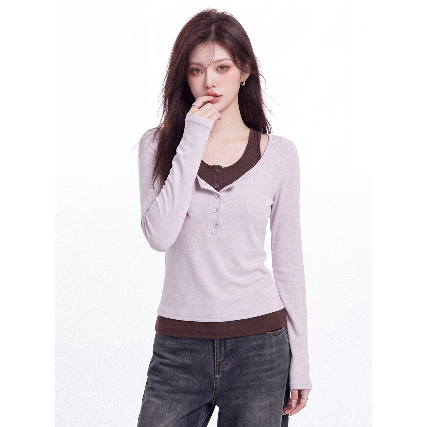 Women's Faux Two-Piece Long Sleeve T-Shirt 2026 Early Autumn Korean Slim Fit Buttoned Top - Image 5