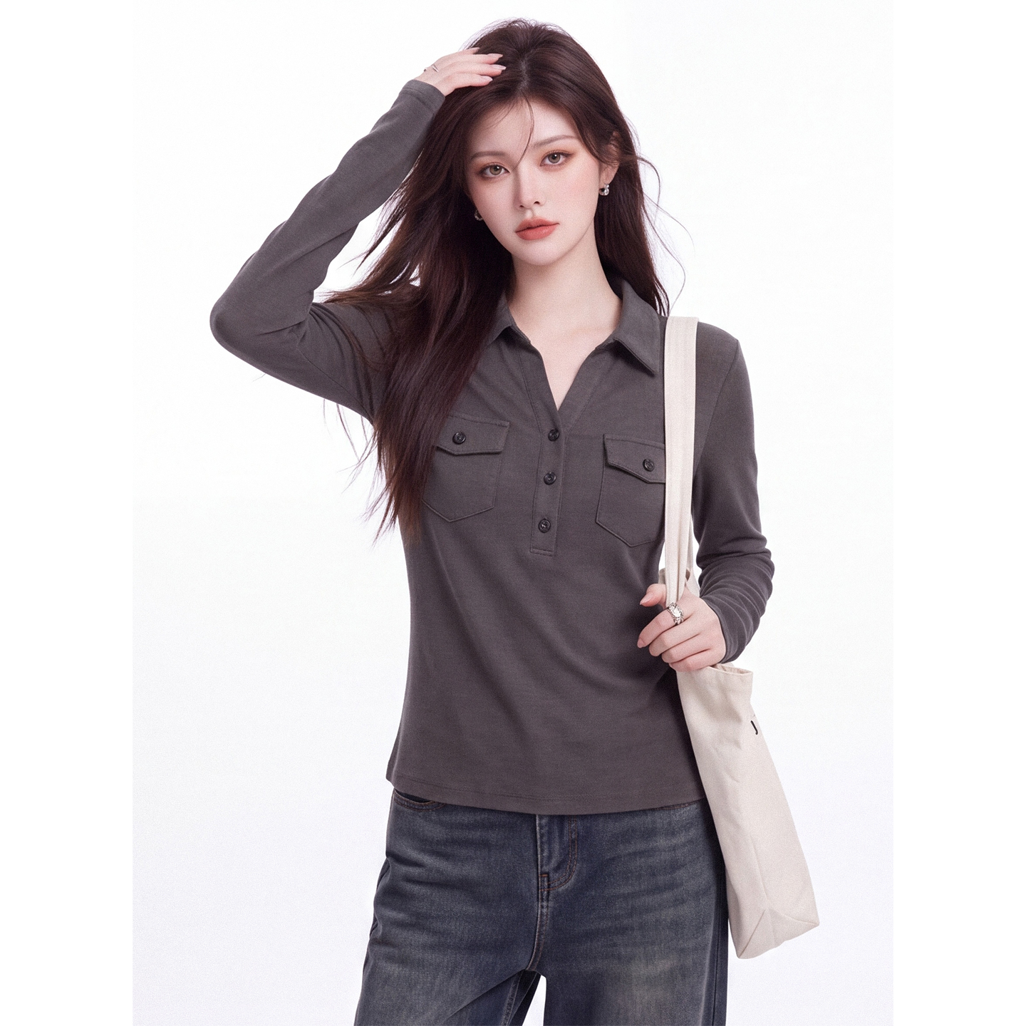Women's Slim Fit Long Sleeve Polo Neck T-Shirt with Pocket Korean Minimalist Commuter Top