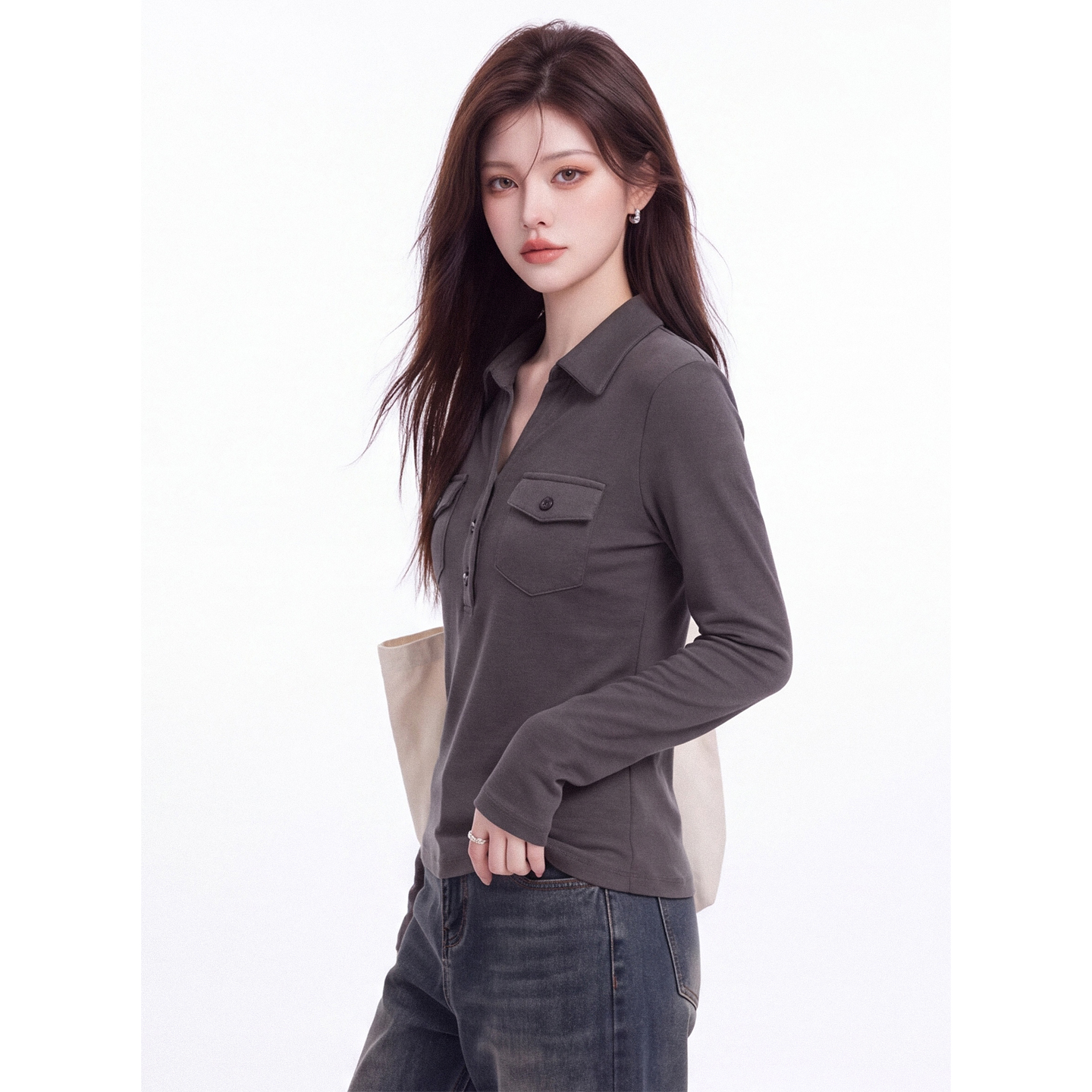 Women's Slim Fit Long Sleeve Polo Neck T-Shirt with Pocket Korean Minimalist Commuter Top - Image 2