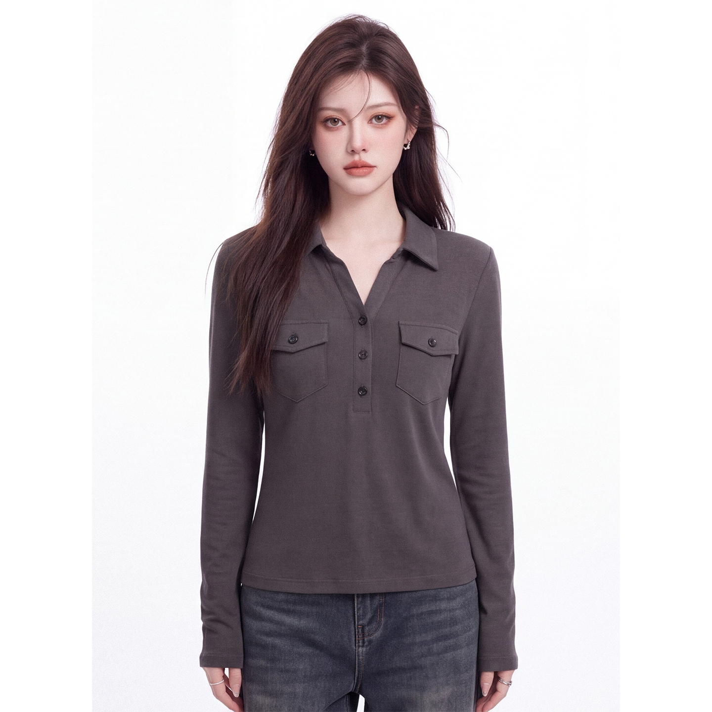 Women's Slim Fit Long Sleeve Polo Neck T-Shirt with Pocket Korean Minimalist Commuter Top - Image 4