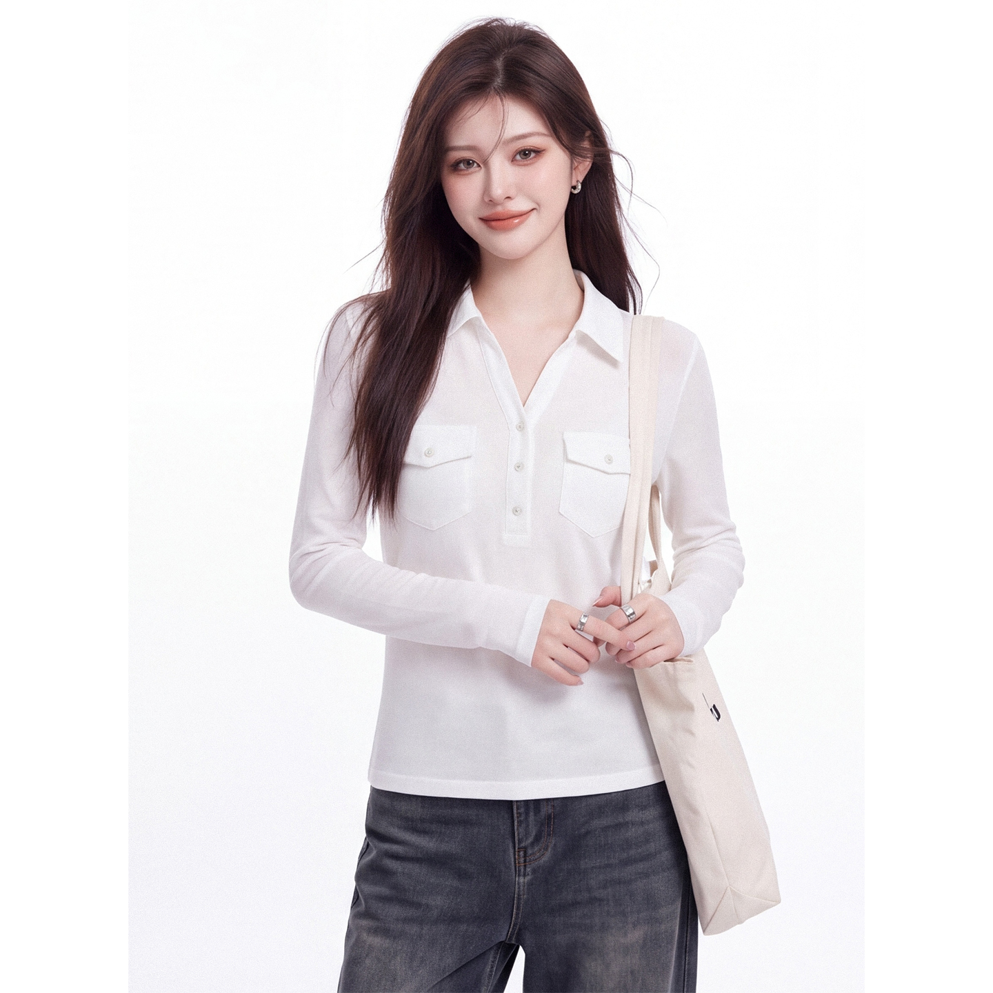 Women's Slim Fit Long Sleeve Polo Neck T-Shirt with Pocket Korean Minimalist Commuter Top - Image 5