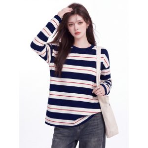 Korean Color-Block Striped Crew Neck Long Sleeve T-Shirt for Women Autumn Loose Fit Top