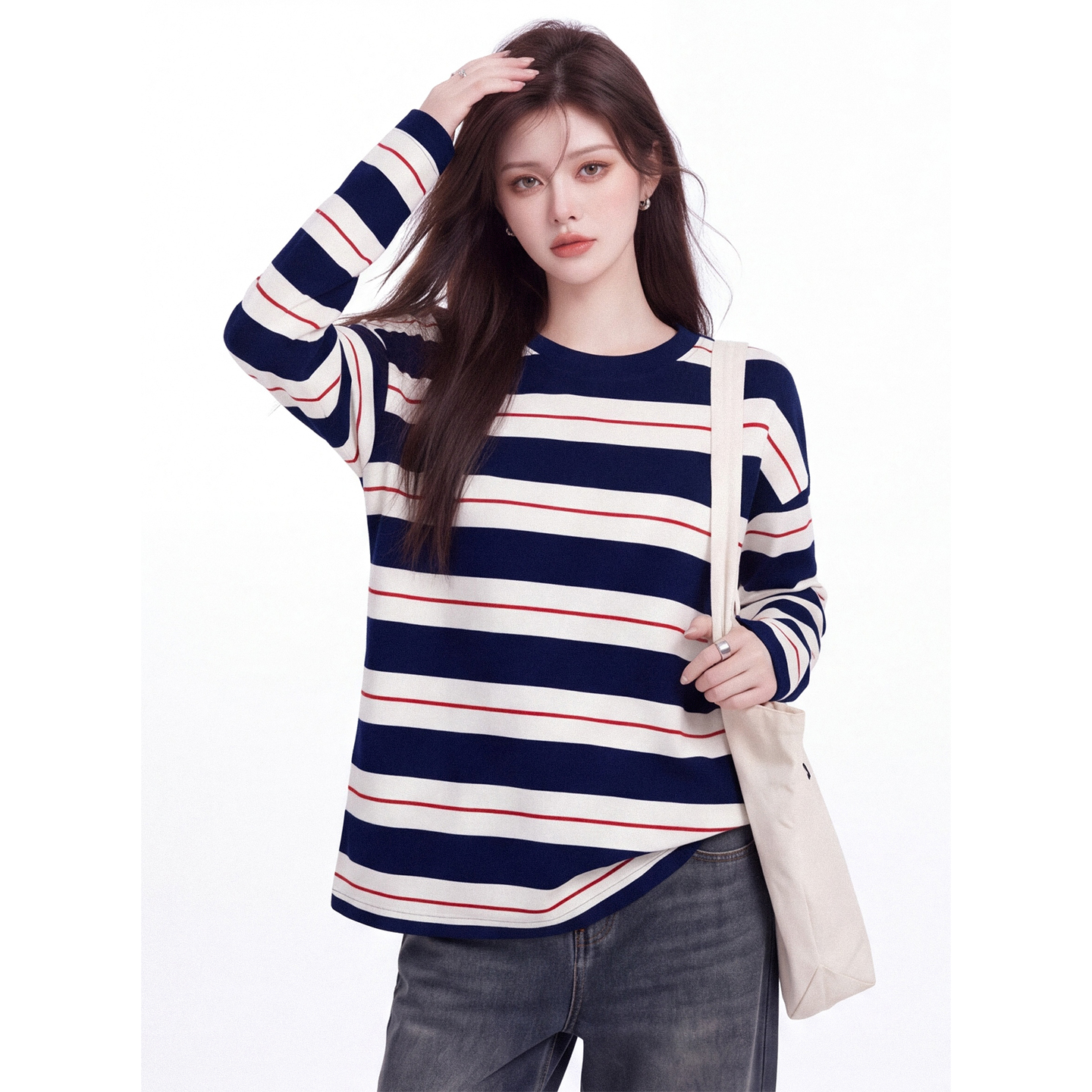 Korean Color-Block Striped Crew Neck Long Sleeve T-Shirt for Women Autumn Loose Fit Top