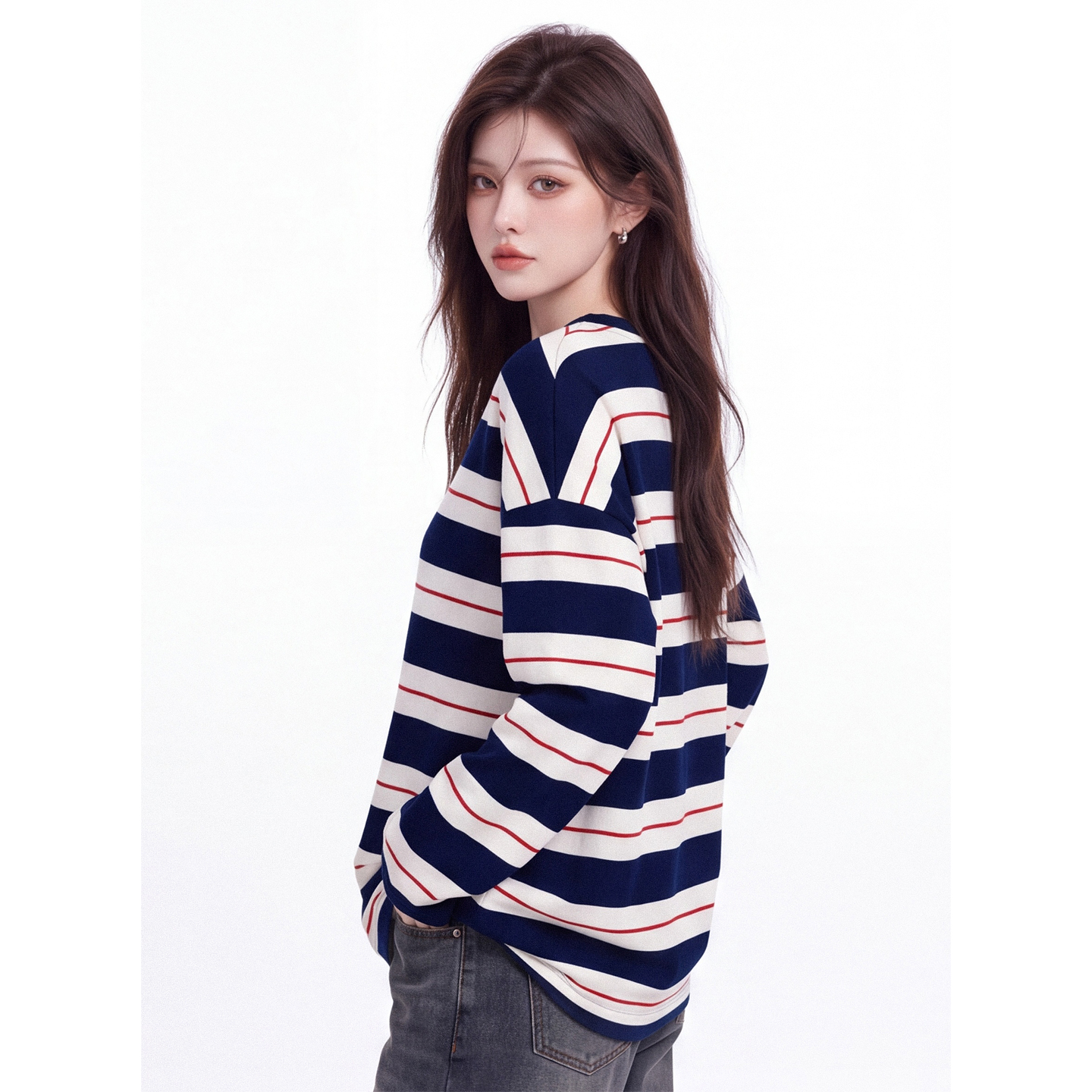 Korean Color-Block Striped Crew Neck Long Sleeve T-Shirt for Women Autumn Loose Fit Top - Image 2