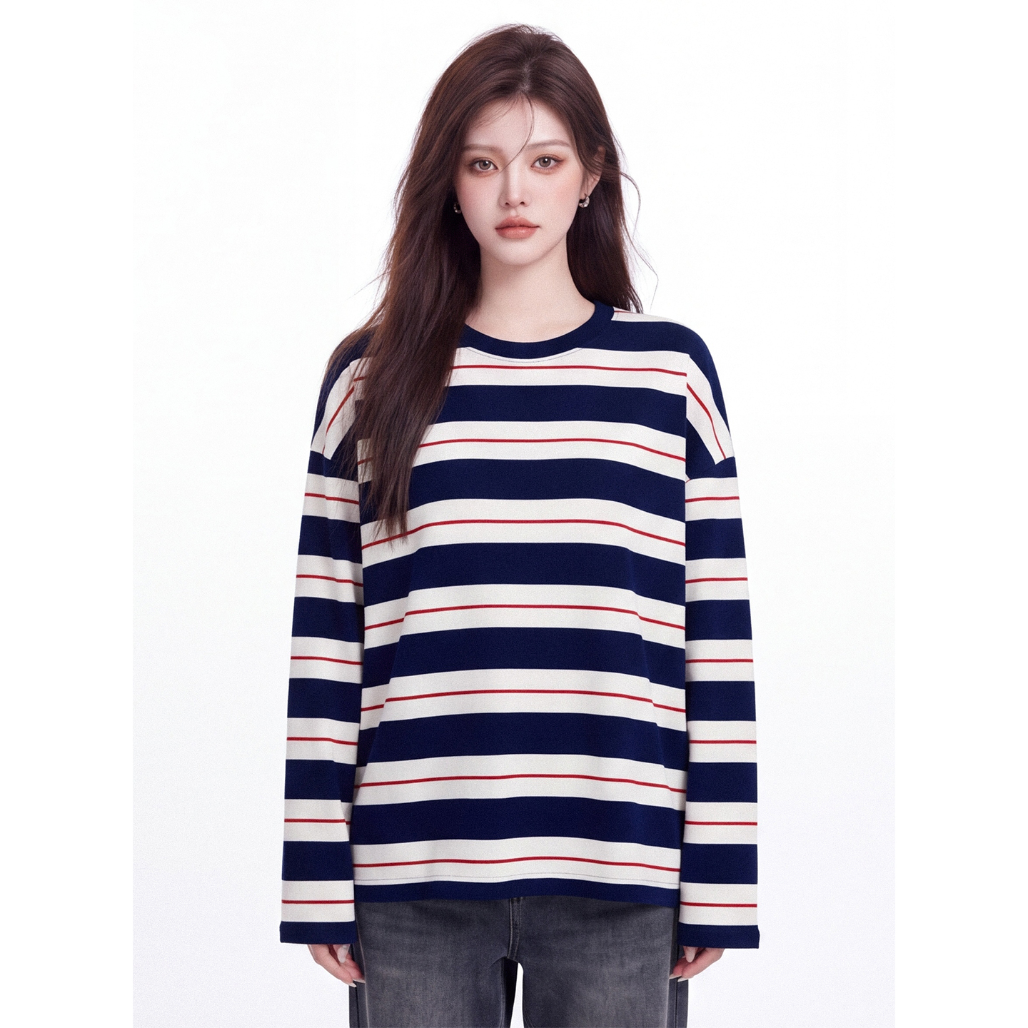 Korean Color-Block Striped Crew Neck Long Sleeve T-Shirt for Women Autumn Loose Fit Top - Image 3