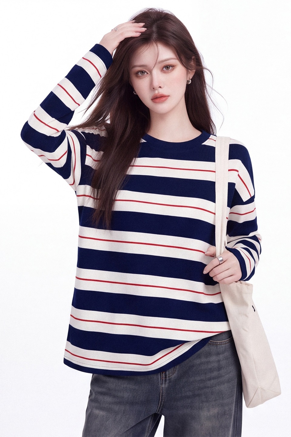 Korean Color-Block Striped Crew Neck Long Sleeve T-Shirt for Women Autumn Loose Fit Top - Image 5